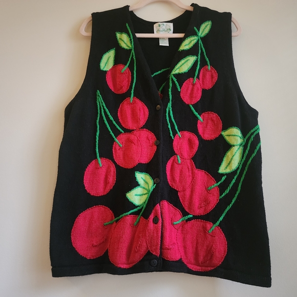Vintage 90s Iconic Cherry Novelty Sweater Vest By Quacker Factory  L - Picture 3 of 7